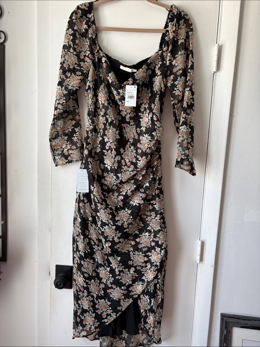 Lush Black Floral Midi Dress with Peach & Cream Blossoms
